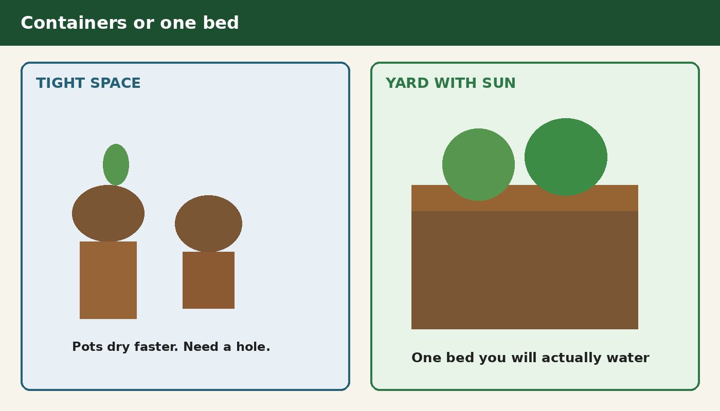 Containers on a patio versus one raised bed in a yard with sun